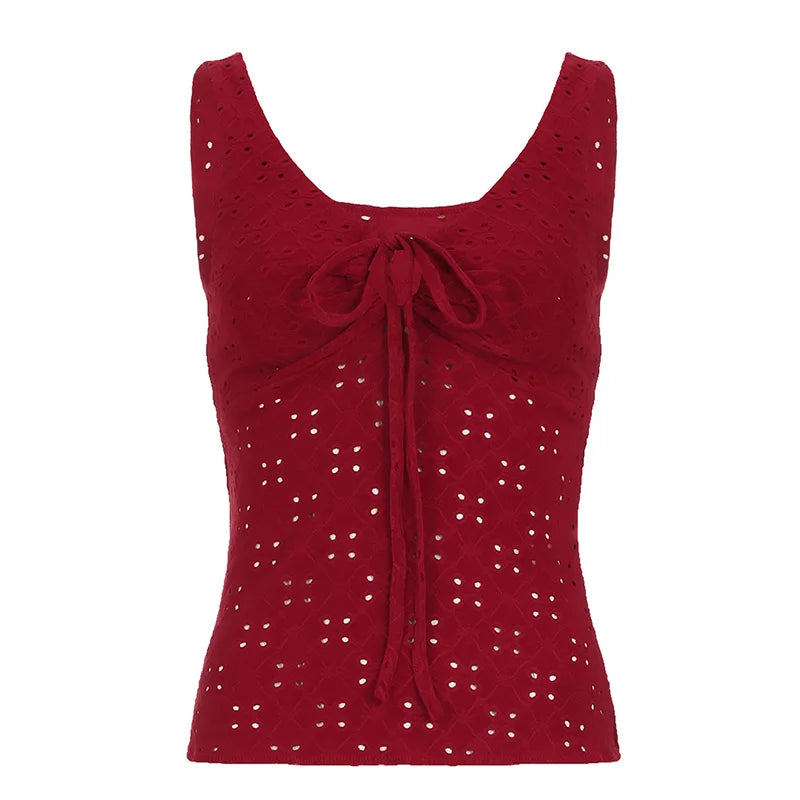Y2K Aesthetics Hollow Out Design Red Tank Tops Women Summer Lace-Up Solid Basic Sleeveless Vest Fashion Slim Clothes