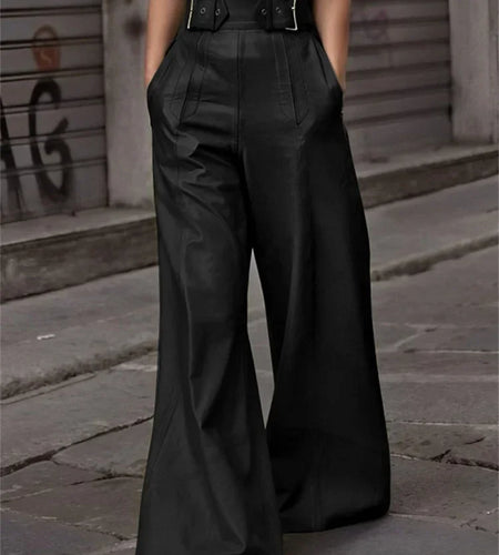 Autumn Spring Women's Faux Pu Long Pants High Waisted Loose Pleated Pockets Streetwear Female Wide Leg Trousers