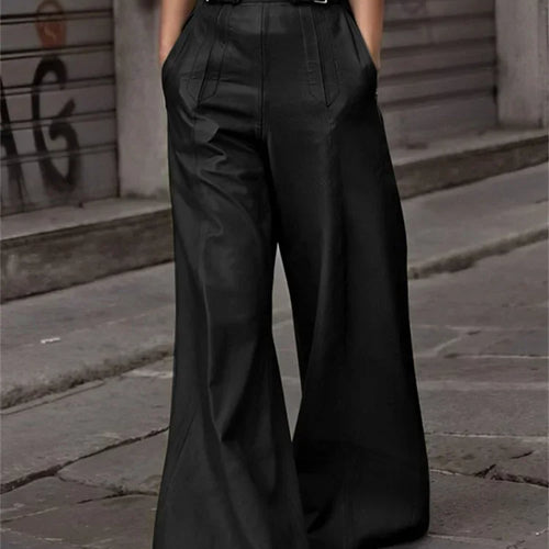 Load image into Gallery viewer, Autumn Spring Women&#39;s Faux Pu Long Pants High Waisted Loose Pleated Pockets Streetwear Female Wide Leg Trousers
