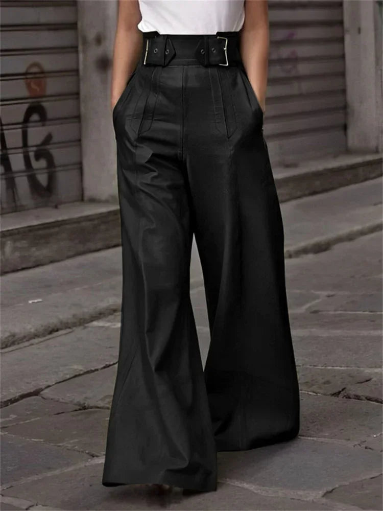 Autumn Spring Women's Faux Pu Long Pants High Waisted Loose Pleated Pockets Streetwear Female Wide Leg Trousers
