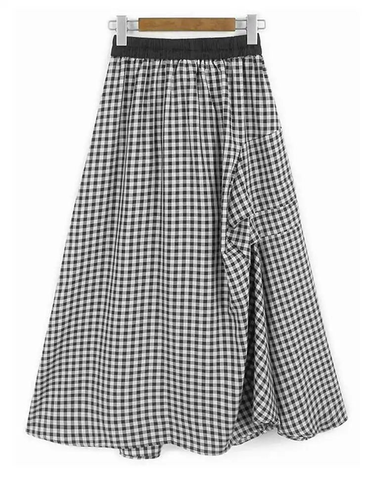 High Elastic Waist Black Plaid Pleated Irregular A-line Half-body Skirt Women Fashion Tide New Spring Autumn 2025 1DH9809