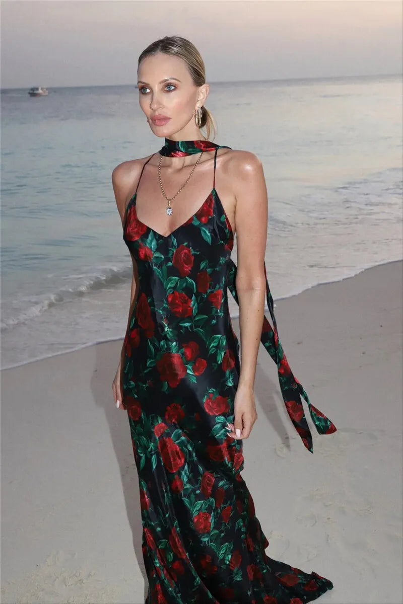 Halter Backless Print Sexy Maxi Dress For Women Gown Elegant Sleeveless High Waist Evening Club Party Long Dress