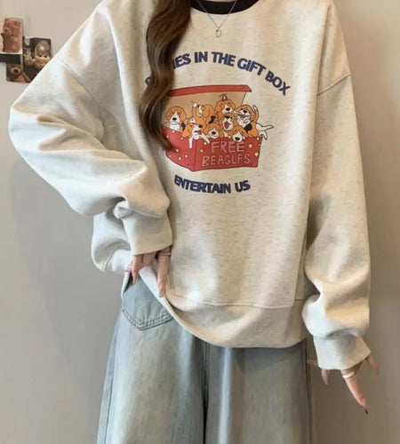 Korean Version Autumn Winter New Grey Patchwork Round Neck Long Sleeved Cotton Tops Women Casual Plush Velvet Sweatershirt Trend