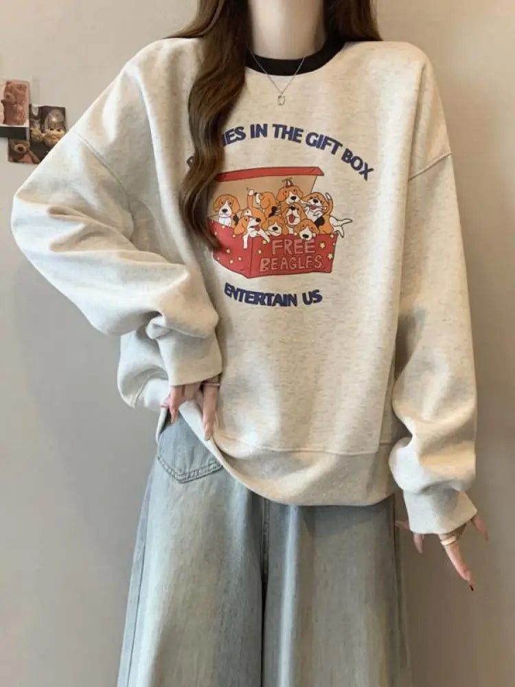 Korean Version Autumn Winter New Grey Patchwork Round Neck Long Sleeved Cotton Tops Women Casual Plush Velvet Sweatershirt Trend