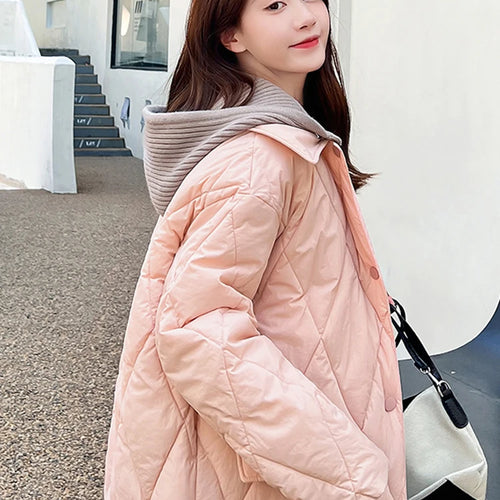 Load image into Gallery viewer, Diamond Plaid Cotton Padded Jacket for Women White Parkas New Detachable Knitted Hat Knee Length Coffee Pink Coat S-L
