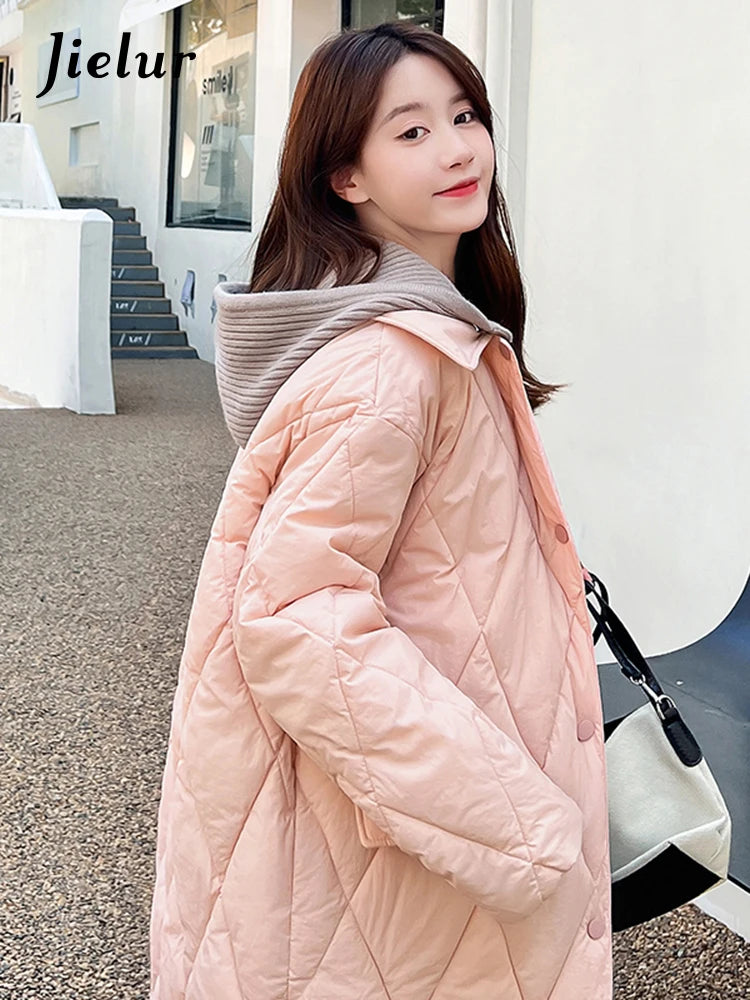 Diamond Plaid Cotton Padded Jacket for Women White Parkas New Detachable Knitted Hat Knee Length Coffee Pink Coat S-L