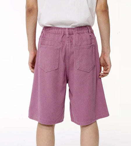 High Street Men's Denim Shorts Loose Straight Wide Leg Jeans Solid Color Male Casual Trousers Chic Summer 9C6387