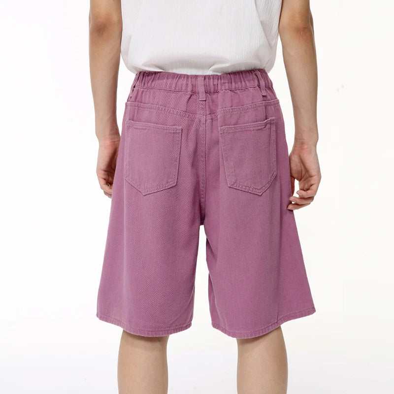 High Street Men's Denim Shorts Loose Straight Wide Leg Jeans Solid Color Male Casual Trousers Chic Summer 9C6387