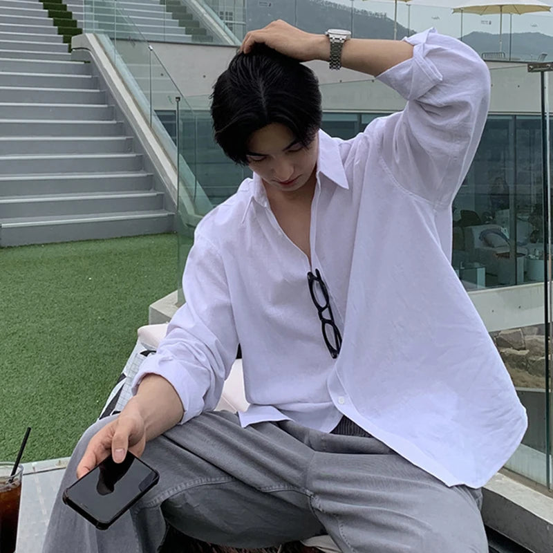 Men's Shirts Long Sleeve New Korean Simple Niche Design Solid Color Single Breasted Spring Male Causal Clothing 9W1982