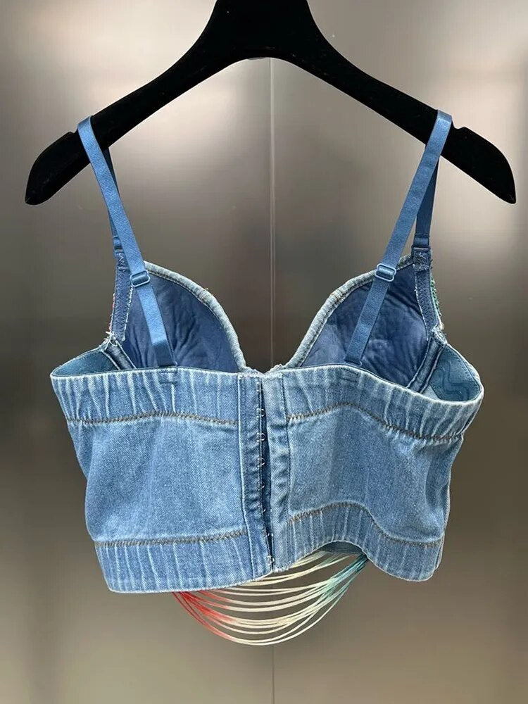 Sexy Chic Denim Tank Tops For Women Square Collar Sleeveless Spliced Ribbons Vest Female Fashion Clothing