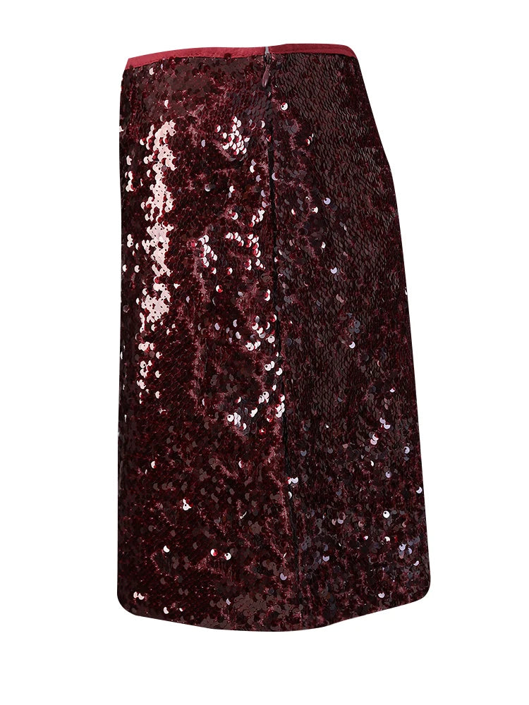 High Waist Wine Red Sequins Shining Elegant Mini Half-body Skirt Women Fashion Tide New Spring Autumn 2025 11A0892