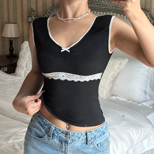 Load image into Gallery viewer, Vintage Fashion Skinny Summer Tank Top Bow Lace Spliced Y2K Aesthetic Vest Sleeveless 2000s Outfits Basic Sweet Tees
