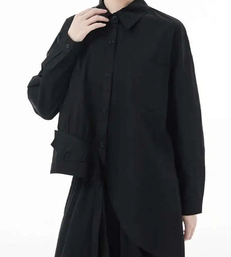 Women Black Big Size Asymmetric Blouse New Lapel Long Sleeve Loose Fit Shirt Fashion Tide Spring Autumn 2025 1DH3448