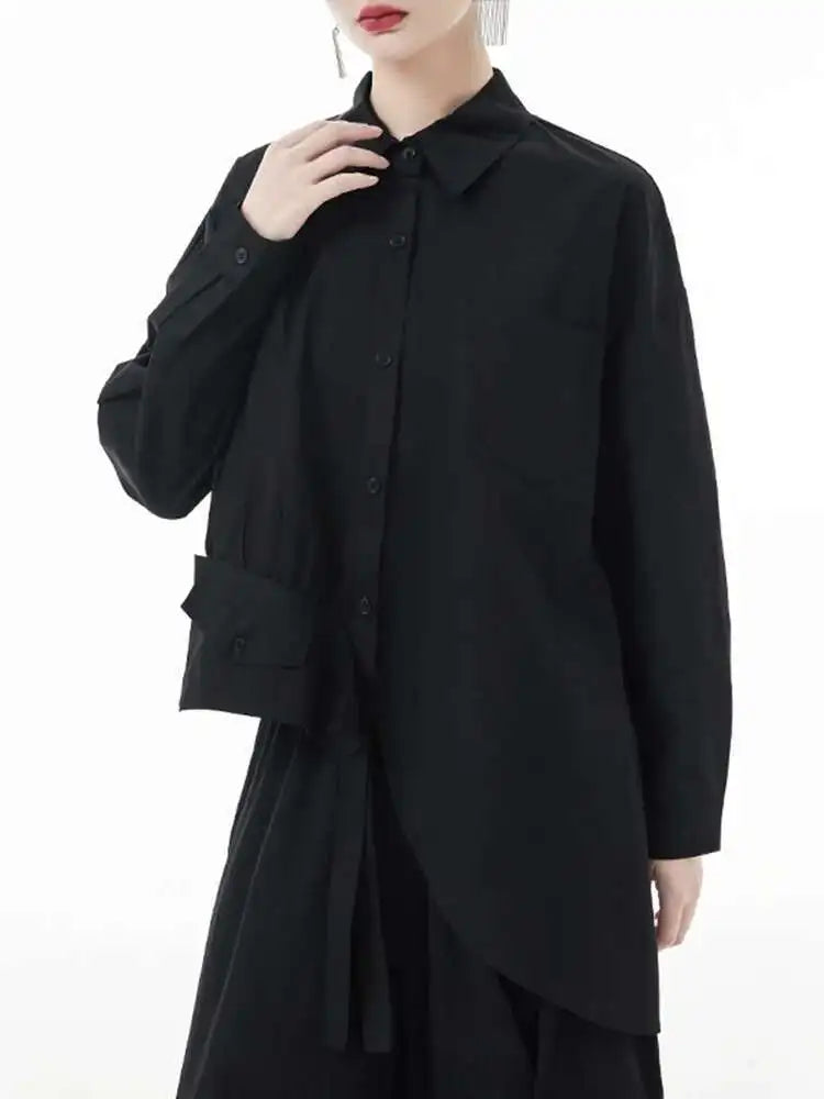 Women Black Big Size Asymmetric Blouse New Lapel Long Sleeve Loose Fit Shirt Fashion Tide Spring Autumn 2025 1DH3448