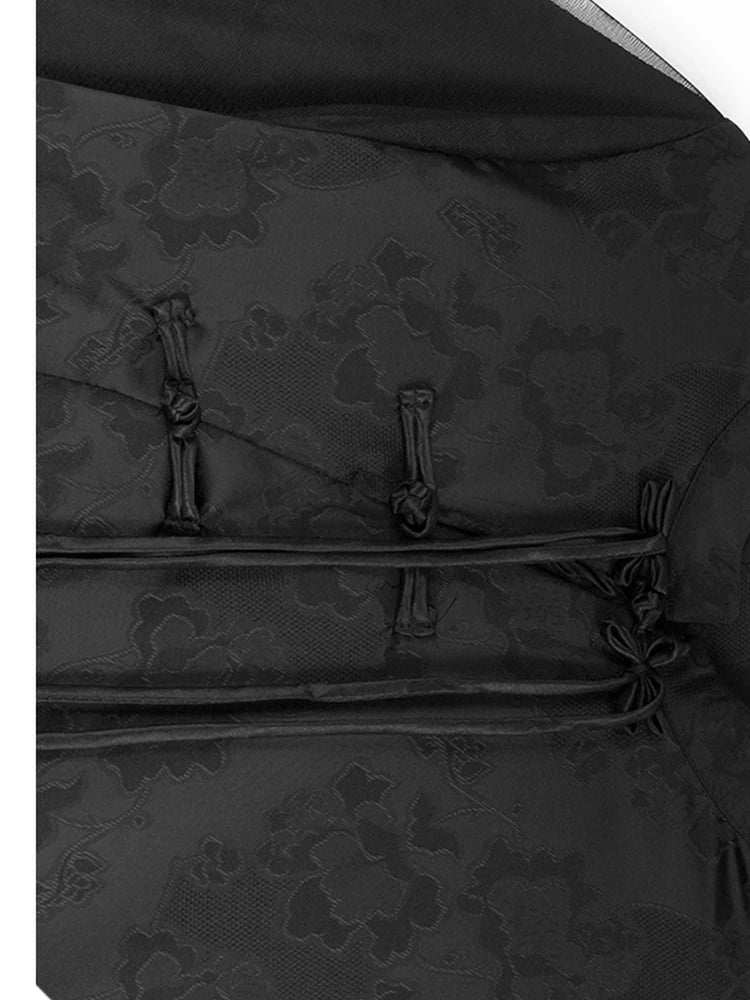 Women Black Jacquard Buckle Mesh Big Size Midi Dress New Stand Collar Short Sleeve Fashion Tide Spring Summer 2025 1DJ1231