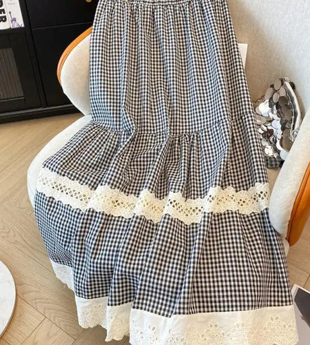 French Sweet Black Plaid Patchwork Lace Hollow Out High Waist Long Skirt 2025 Spring Summer New Women Holiday Pleated Skirt Slim
