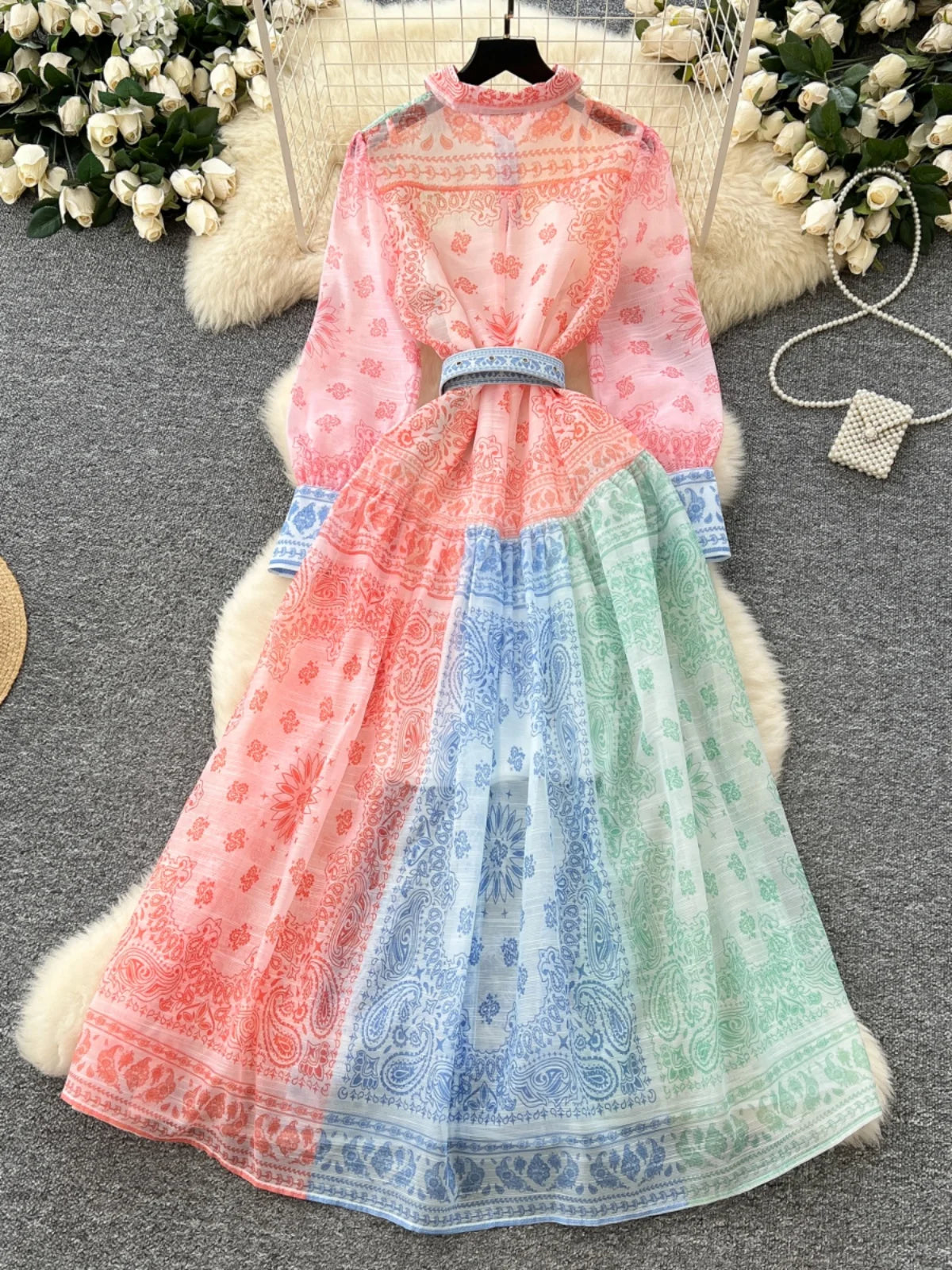 Spring Autumn 2025 New Women Fashion Rainbow Print Elegant Shirt Long Dresses Vintage Single Breasted Party Dress Bohemian Trend