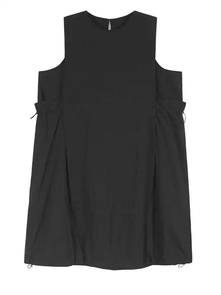 Women Black Pockets Drawstring Big Size Vest Dress New Round Neck Sleeveless Fashion Tide Spring Summer 2025 1DJ0658