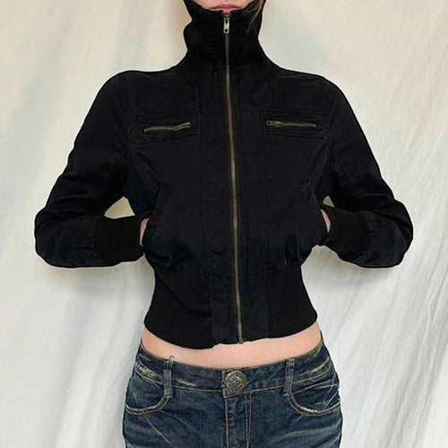 Load image into Gallery viewer, Streetwear Cargo Jacket For Women Black Zipper High Waist Autumn Winter Coat Outwear Turn-Down Collar Outwear Gothic
