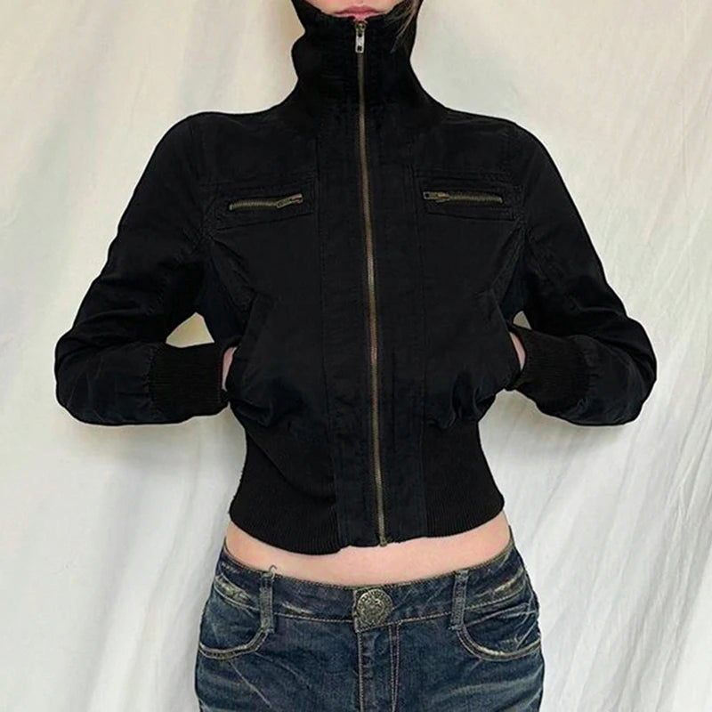 Streetwear Cargo Jacket For Women Black Zipper High Waist Autumn Winter Coat Outwear Turn-Down Collar Outwear Gothic