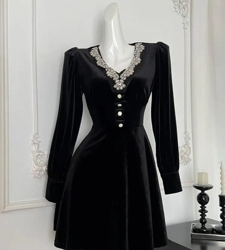 French Vintage Women New Black Diamond Velvet Long Sleeve Evening Dress Autumn Winter High Waist Elegant Party Short Dress Trend