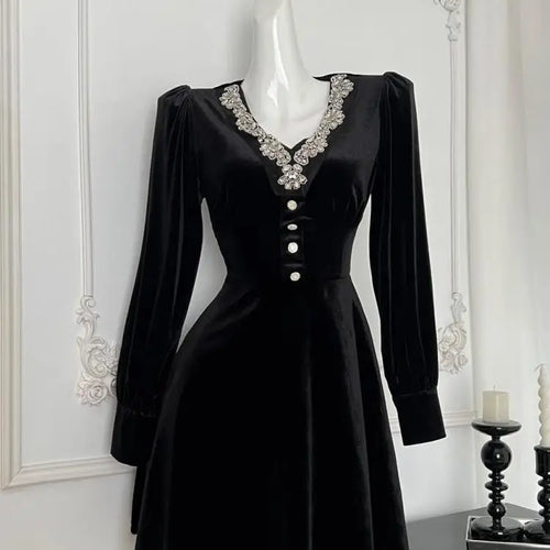 Load image into Gallery viewer, French Vintage Women New Black Diamond Velvet Long Sleeve Evening Dress Autumn Winter High Waist Elegant Party Short Dress Trend
