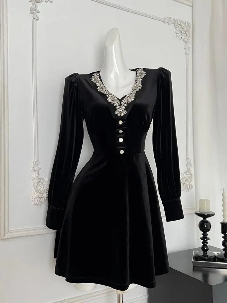 French Vintage Women New Black Diamond Velvet Long Sleeve Evening Dress Autumn Winter High Waist Elegant Party Short Dress Trend