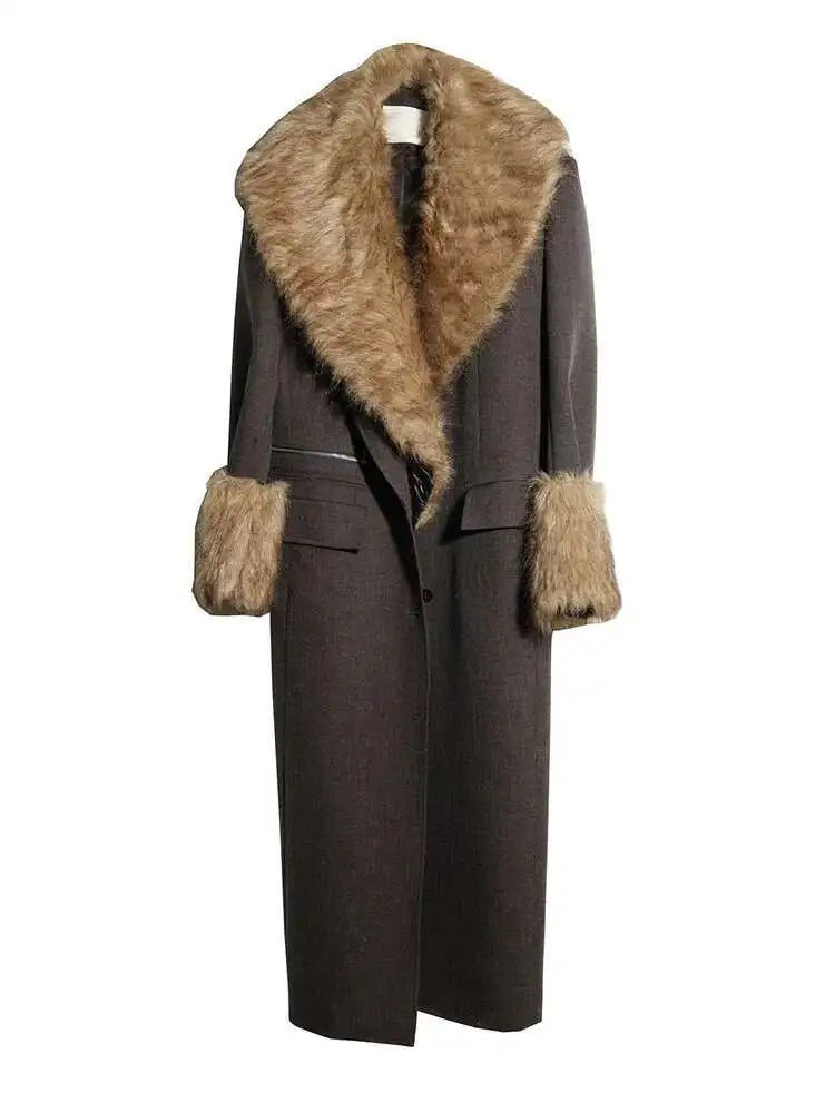 Women Dark Gray Detachable Fur Collar Big Size Thick Long Blazer New Long Sleeve Jacket Fashion Autumn Winter 2025 1DH8271