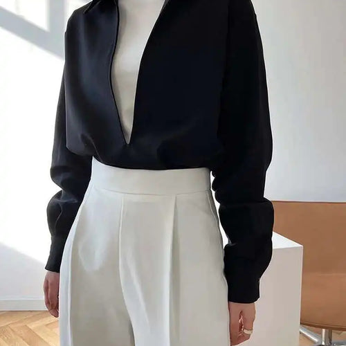 Load image into Gallery viewer, Women White Blue Brief Elegant Big Size Blouse New V-neck Long Sleeve Shirt Fashion Tide Spring Autumn 2025 1DH6648

