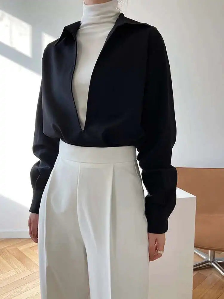 Women White Blue Brief Elegant Big Size Blouse New V-neck Long Sleeve Shirt Fashion Tide Spring Autumn 2025 1DH6648