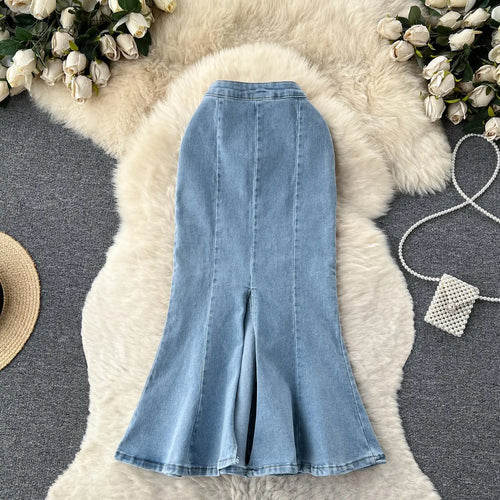 Load image into Gallery viewer, 2023 New Women Black Denim Split Long Skirts Autumn High Wasit Blue Mermaid Jeans Skirt Female A-line Ruffled Fishtail Skirt Y2k
