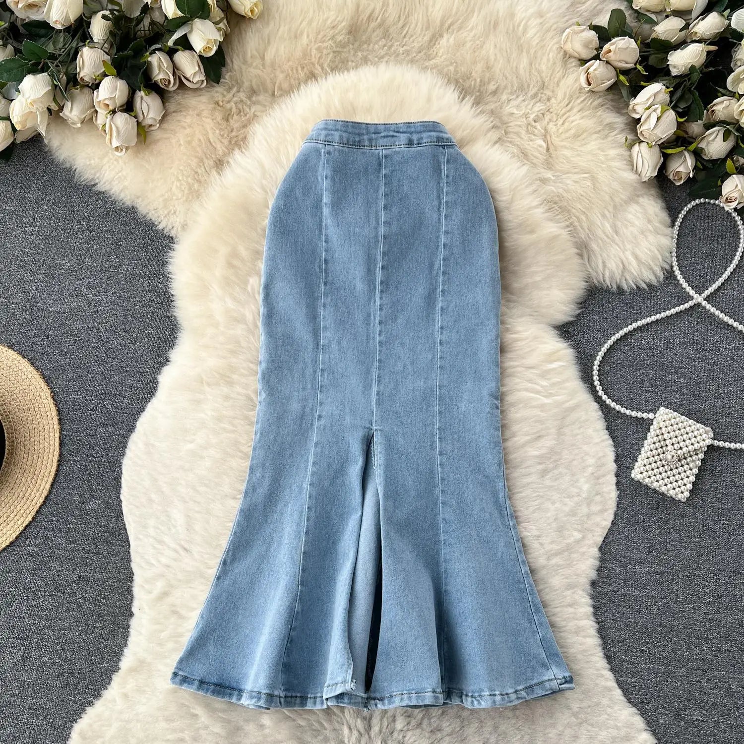 2023 New Women Black Denim Split Long Skirts Autumn High Wasit Blue Mermaid Jeans Skirt Female A-line Ruffled Fishtail Skirt Y2k