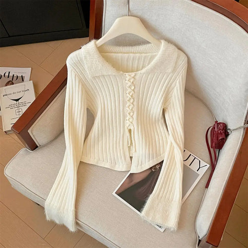 Load image into Gallery viewer, Korean Autumn Winter Grey Patchwork Elegant Pullover Short Sweater Women's 2024 New Beige Lace-up Long Sleeved Knitted Tops Chic
