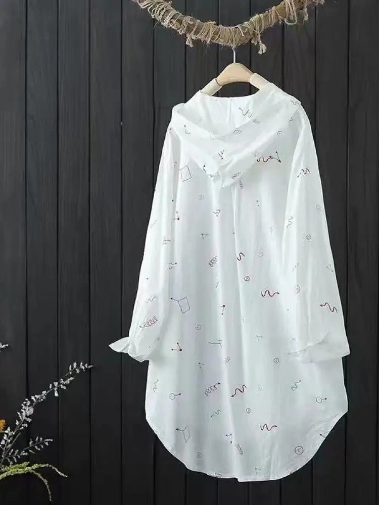 Women's Shirts Hooded Sunscreen Long Sleeved Shirt Female Top Summer New Coat Medium Long Jacket Thin Printed Blouse