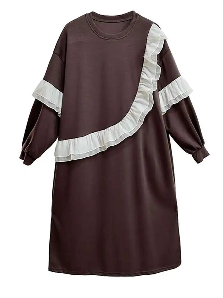 Women Black Ruffles Spliced Big Size Long Casual Dress New Round Neck Long Sleeve Fashion Tide Spring Autumn 2025 1DH7701