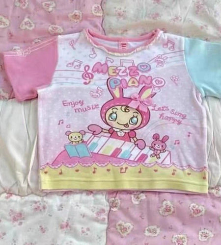 Japanese Sweet Crop Top Cartoon Print Harajuku Contrast Color Lolita T-shirt Women Y2k Aesthetic Slim Tee Vintage Fairy Grunge