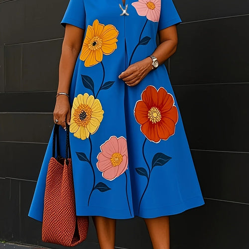Load image into Gallery viewer, Summer Casual Flower Print A-line Flared Dresses for Womens Shorts Sleeves V-neck Woman Oversize Dresses 2025 New
