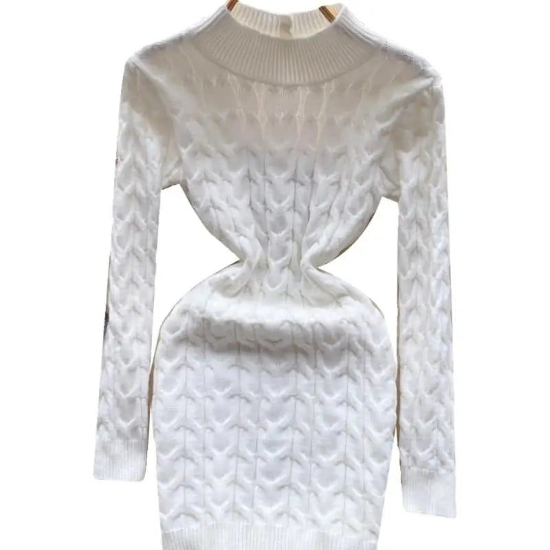 French Black White Hollow Out Backless Knitted Mini Dress Women Autumn Gray New Office Long Sleeves Twisted Sweater Short Dress