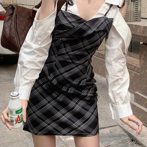 Load image into Gallery viewer, Spell Color Plaid Slim Waist Women&#39;s Dresses Summer Lace-up V-neck Sexy Tight Hip Long Sleeve Fashion Chic Female Dress
