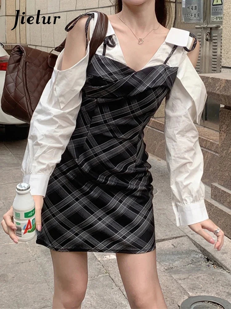 Spell Color Plaid Slim Waist Women's Dresses Summer Lace-up V-neck Sexy Tight Hip Long Sleeve Fashion Chic Female Dress