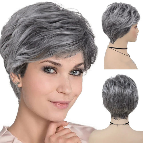 Load image into Gallery viewer, Synthetic Natural Mommy Wig with Bangs Grey Short Wigs for Women Older Lady Hairstyle Halloween Costume Wigs for Mother
