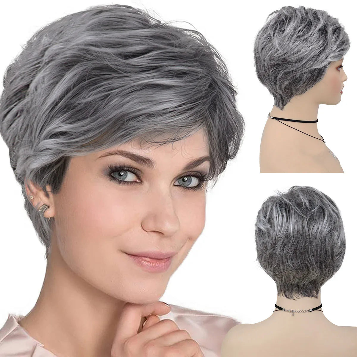 Synthetic Natural Mommy Wig with Bangs Grey Short Wigs for Women Older Lady Hairstyle Halloween Costume Wigs for Mother