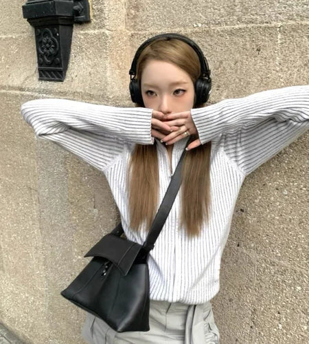 Vintage Zip Up Cardigan Womens Coats Korean Knitted Streetwear Stand  Collar Sweaters 2025 Slim All Match Striped Y2k Jackets