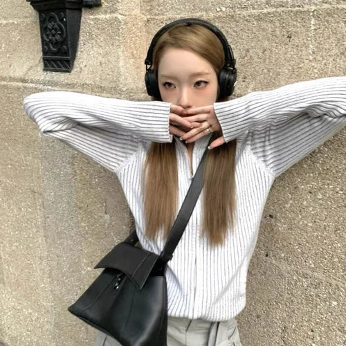 Load image into Gallery viewer, Vintage Zip Up Cardigan Womens Coats Korean Knitted Streetwear Stand  Collar Sweaters 2025 Slim All Match Striped Y2k Jackets
