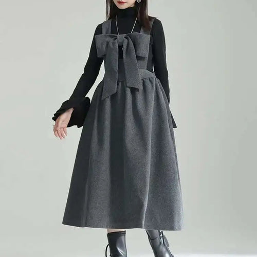 Load image into Gallery viewer, Women Gray Bow Bandage Spliced Long Elegant Woolen Dress New Sleeveless Loose Fit Fashion Tide Autumn Winter 2025 1DF3527
