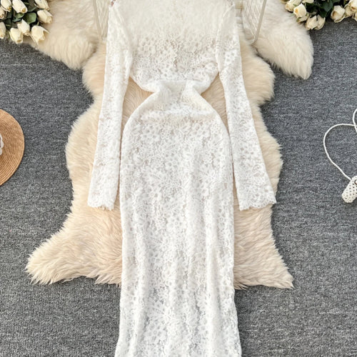 Load image into Gallery viewer, Vintage Women White Lace Hollow Out Bandage Elegant Party Dress French Fashion Long Sleeve Vacation Split Dress 2025 Autumn Chic
