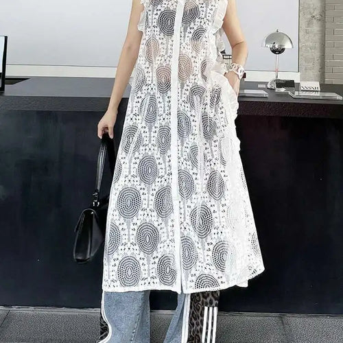 Load image into Gallery viewer, Women White Lace Perspective Ruffles Big Size Shirt Dress New Lapel Sleeveless Fashion Tide Spring Summer 2025 1DH6069
