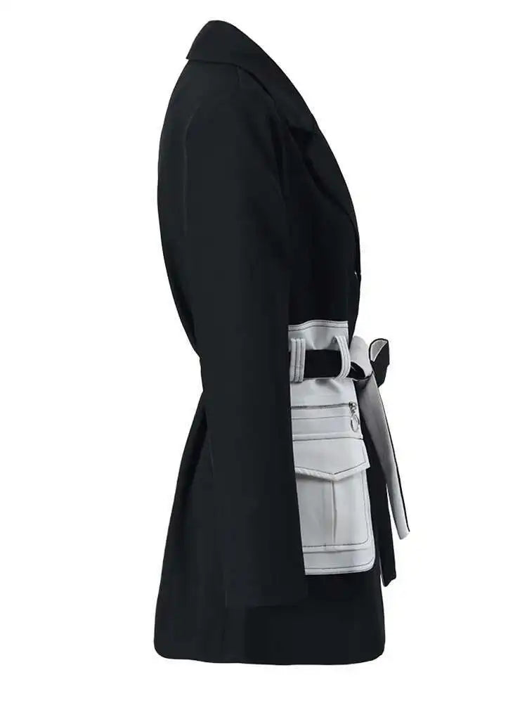 Women Black Contrast Color Pocket Blazer New Lapel Long Sleeve Loose Fit  Jacket Fashion Tide Spring Autumn 2025 1S39401
