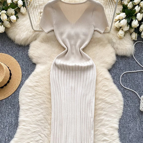 Load image into Gallery viewer, Korean Fashion Women's Solid V Neck Elegant Slim Short Sleeved Dress Summer Single Breasted Office Lady Holiday Knitted Dresses
