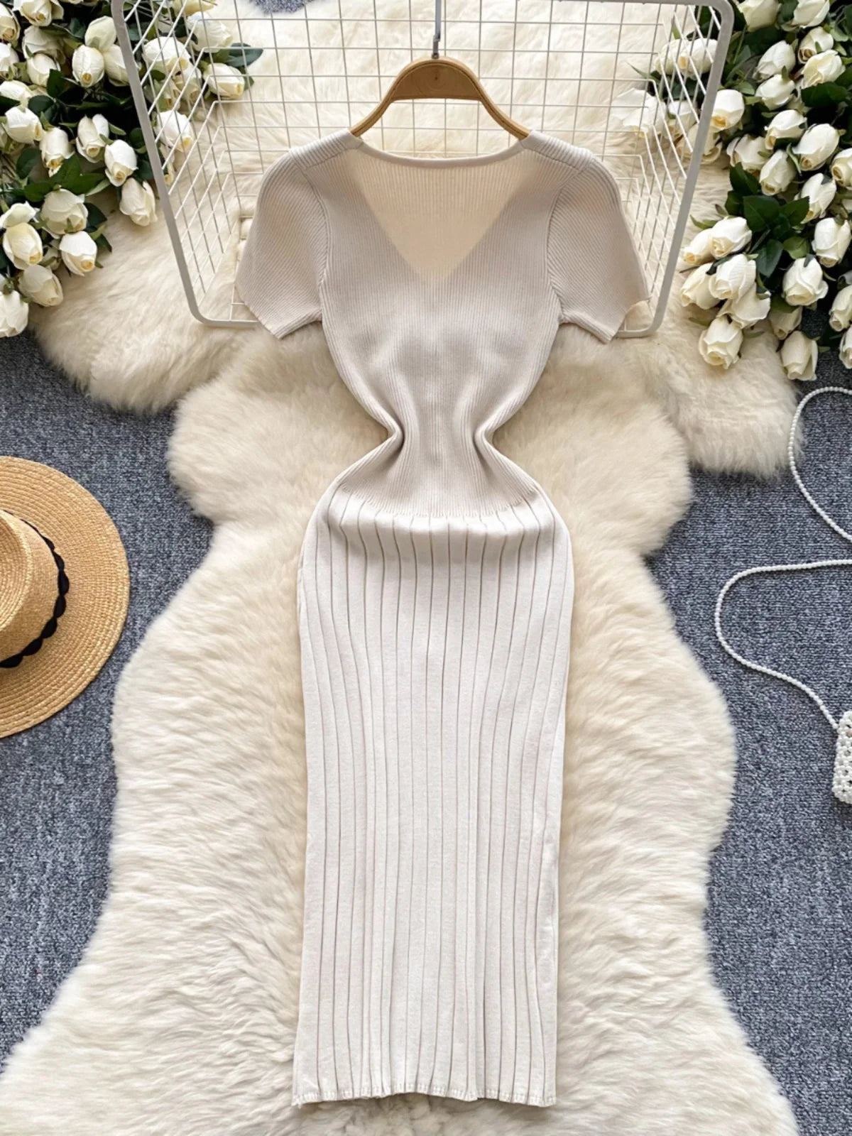 Korean Fashion Women's Solid V Neck Elegant Slim Short Sleeved Dress Summer Single Breasted Office Lady Holiday Knitted Dresses